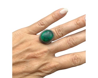 Vintage Malachite Green Stone Sterling Silver Adjustable Ring Domed Oval Design