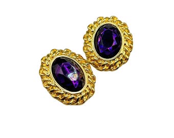 Vintage KJL Gold Tone Clip On Earrings with Purple Acrylic Stones Oval Shaped