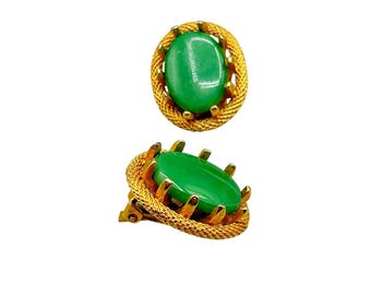 Vintage Green Cabochon Clip On Earrings Gold Tone Rope Design Oval