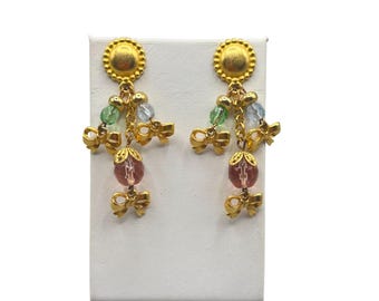 Matte Gold Tone Dangle Earrings With Bows And Pastel Tone Beads Accent