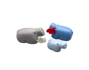 Handcrafted Polymer Clay Family of Hippos with Flowers Figurines Hippopotamus