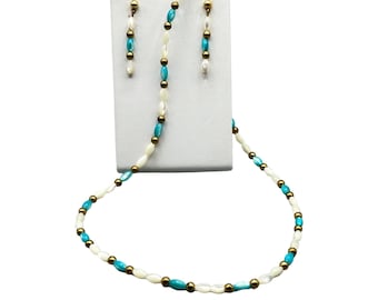 Necklace & Earrings Set White Turquoise Dyed Mother of Pearl Beads Gold Accents