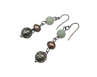 Vintage Earrings Stone Pearl & Sterling Silver Beads Dangling Beaded Earrings