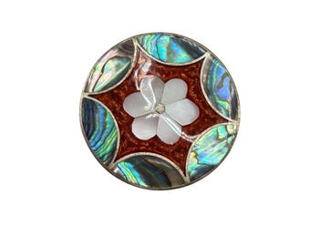 Vintage ALPACA Mexico Pin Brooch Pendant Abalone Shell Inlay MOP Flower Design
