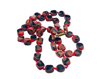 Vintage Red Black Glass Beads Necklace Beaded Hand Knotted Polished Art Glass Jewelry