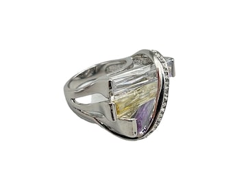 Vintage Asymmetrical Ring Size 7 Pastel Color Glass Stones Silver Tone Metal