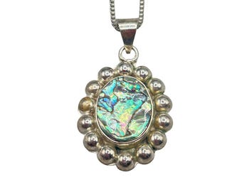 Vintage Abalone Shell Necklace Pendant Alpaca Silver Made In Mexico