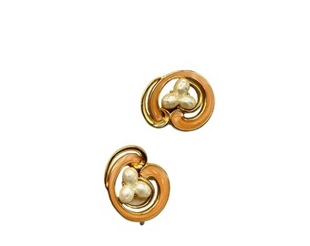 Vintage Gold Tone & Peach Enamel Clip-On Earrings with Faux Pearl Accents