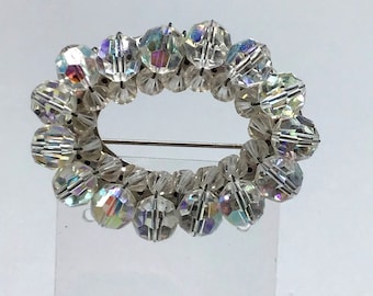 Beaded Crystals Brooch Aurora Borealis AB Beads Clear Faceted Oval Shaped Pin
