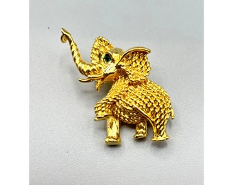 Gold Tone Elephant Pin Brooch Green Rhinestones Eyes Trunk Up Animal Figural Pin