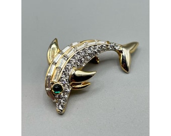 Vintage Rhinestones Dolphin Pin Sea Animal Brooch Jeweled Pin Green Cabochon Eye