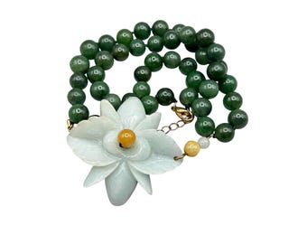 Jadeite Flower Necklace Beaded Green Semi Precious Stone Necklace