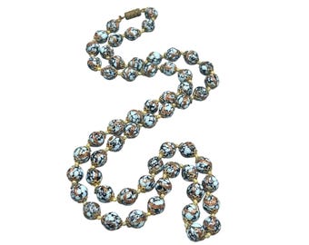 Vintage Italian Hand Knotted Blue Glass Bead Necklace with Gold Foil Accents