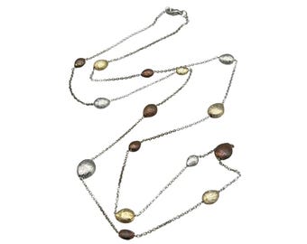 Tri-Color Station Necklace with Silver Gold & Copper Toned Beads Dainty Thin Chain