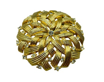 Signed TRIFARI Gold Tone Brooch Rhinestones Domed Round Textured Weave Design