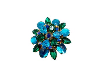 Vintage Acrylic Rhinestones Flower Brooch Blue & Green Domed Floral Layered Pin