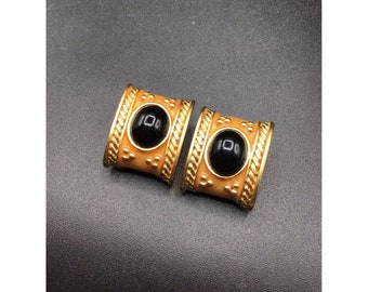 Vintage Matte Gold Tone Clip Earrings Enamel & Black Stone Square Shape Earrings