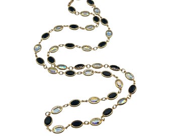 Station Necklace Open Back Bezel Set Black Iridescent Aurora Borealis Crystals