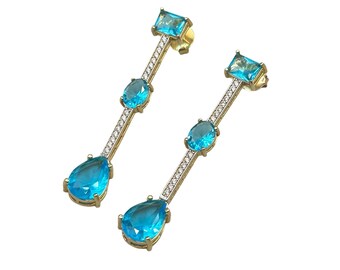 Vintage 90s Blue Rhinestone Pierced Dangling Earrings with Glass Drops Dangles
