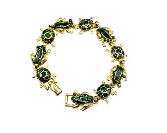 Frogs And Turtles Bracelet Green Enamel Over Gold Tone Signed W Museum Replica