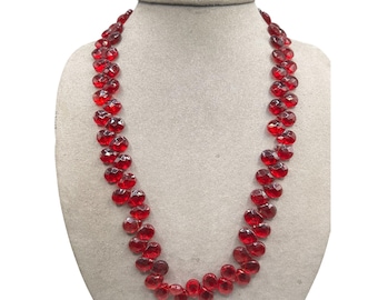 Red Glass Necklace Beaded Givre Faceted Drop Shaped Beads 20" Single Strand