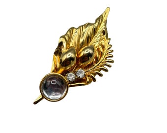 Vintage 90s Pin Brooch Shiny Gold Tone Feather Leaf Faux Jewels Costume Jewelry