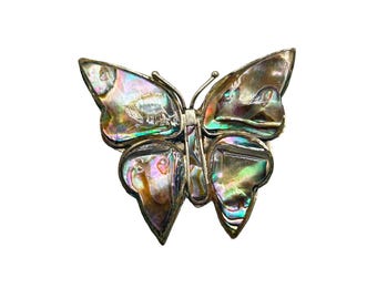 Vintage Butterfly Pin Brooch Abalone Shell Alpaca Mexico Silver Shell Wings