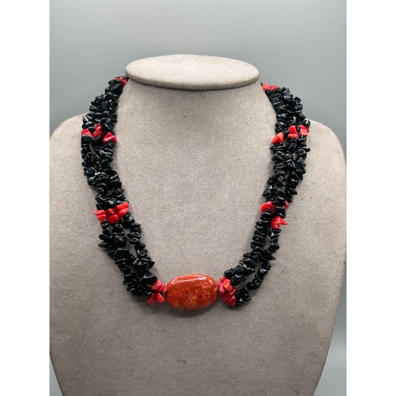 Vintage Black Onyx and Red Sponge Coral Necklace … - image 2