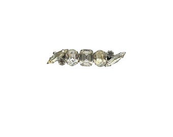 Vintage Rhinestone Bar Pin with Clear Glass Stones Silver Tone Sparkly Pin