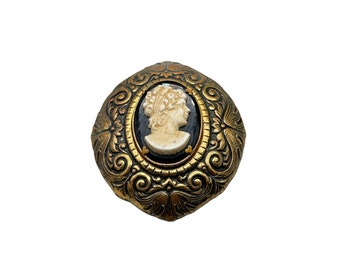 Vintage Faux Cameo Fur Clip Antiqued Gold Tone Eye Shaped Celluloid Older Cameo