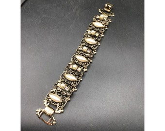 Bookchain Bracelet Vintage Faux Pearls & AB Aurora Borealis Rhinestones Jewelry