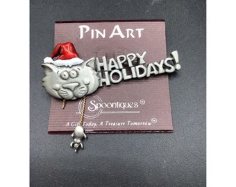 JJ Signed Cat & Mouse Brooch Red Hat Pewter Christmas Holiday Pin New Old Stock