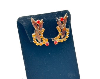 Vintage Rhinestones Clip On Climber Earrings Earthy Tones Brown Topaz Colors