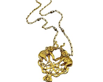 Gold Tone Elephants Necklace Statement Jewelry Figural Animals Oversized Pendant