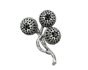 Signed FLORENZA Flower Pin Brooch Antiqued White Enamel With Black Wash And Rhinestones