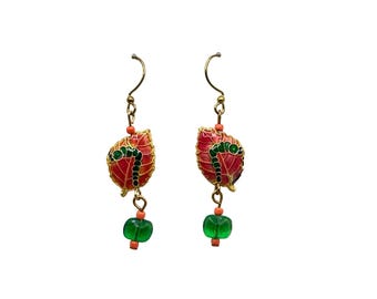 Enamel Pink Leaf with Caterpillar Dangle Earrings Double Sided with Bead Accents