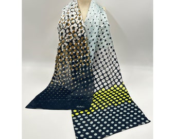 Echo Silk Scarf 70s Design Blue Yellow Long Rectangular Designer Scarf Foulard