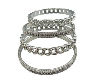 GRAZIANO Set Of 4  Bangle Bracelets SIlver Tome Chain Mesh And Ball Chain Design