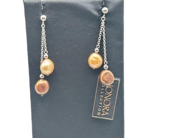 HONORA Pearls Earrings Mocha Pearl Double Chain Dangle Sterling Silver Earrings