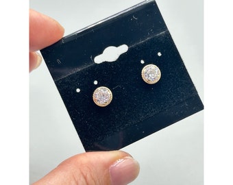 14K Gold and Clear CZ Studs Earrings Round Pierced Small Earrings Yellow Gold