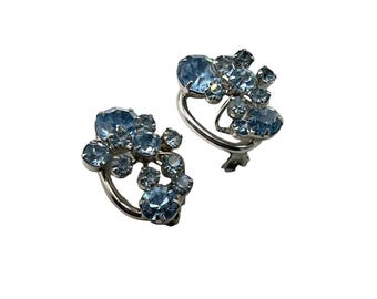 Vintage Juliana D&E Earrings Blue Rhinestone Floral Clip On Silver Tone Setting