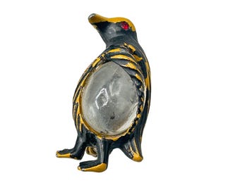 Vintage Penguin Brooch Pin Black & Gold Enamel with Clear Jelly Belly