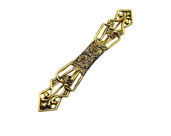 Vintage Thin Bar Pin  Art Nouveau Revival Style Brooch Gold Tone