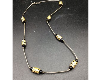 Liquid Silver & Animal Print Beads Station Necklace Sterling Silver Handcrafted