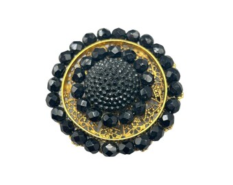 Vintage Freirich Designer Brooch with Black Bead & Gold Filigree Detail Round