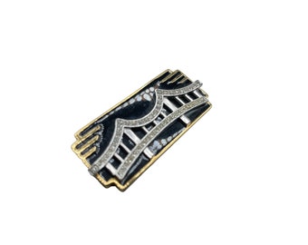 Vintage Signed MONET Pin Brooch Art Deco Inspired Black Enamel Over Gold Tone