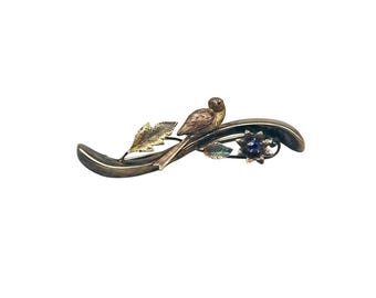 Antique Victorian Sterling Silver Bird on Branch Pin Brooch Blue Sapphire Accent