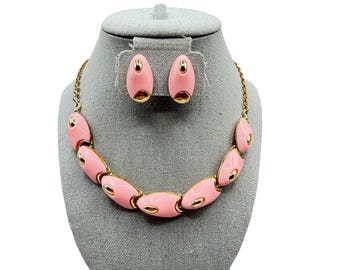 Vintage Baby Pink Thermoplastic Necklace And Earrings Set Mid Century Plastic Jewelry