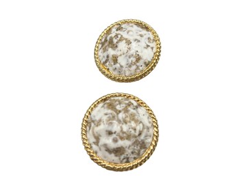 Vintage Signed Kramer Clip On Earrings Round Gold Tone White Brown Enamel