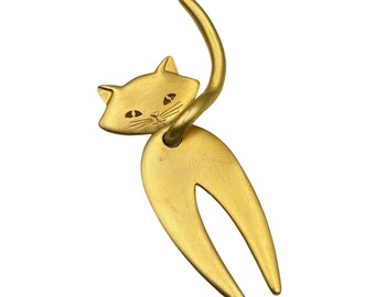 Vintage JJ Cat Brooch Matte Gold Tone Oversized Cat Articulated Tail Large Pin